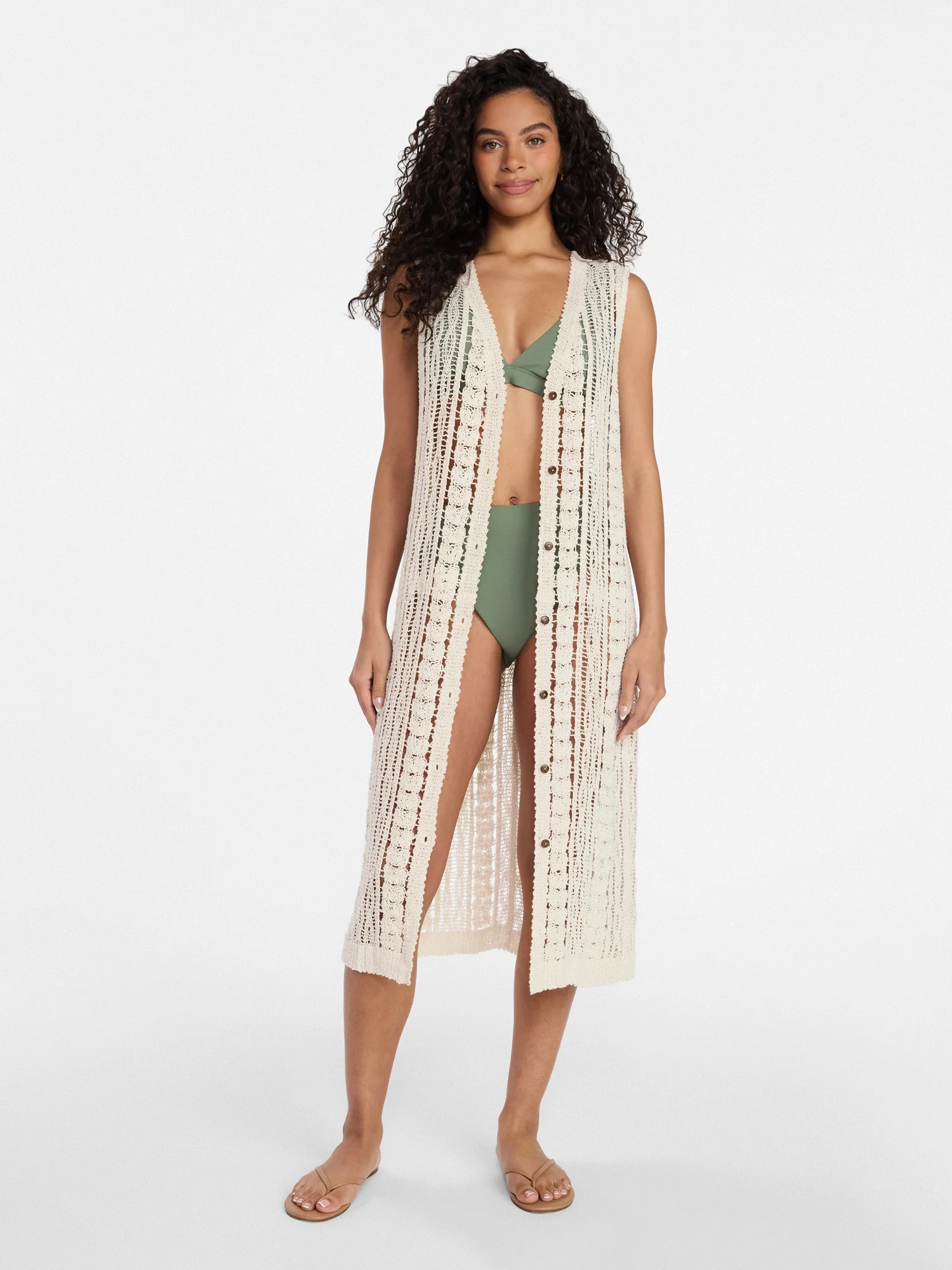 Time and Tru Women's Crochet Button Down Coverup, Size S/M, Ivory | Walmart (US)