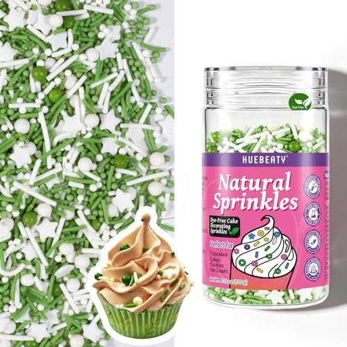 HUEBEATY 100% Dye Free Green Sprinkles for Cake Decorating – 120g Natural Green & White Sprinkles Mix with Pearls, Jimmies, Nonpareils & Star Confetti for St. Patrick's Day, Dinosaur, Football, Jungle Cakes, Cupcakes & Cookies – Vegan, Soy Free, Gluten Free | Amazon (US)