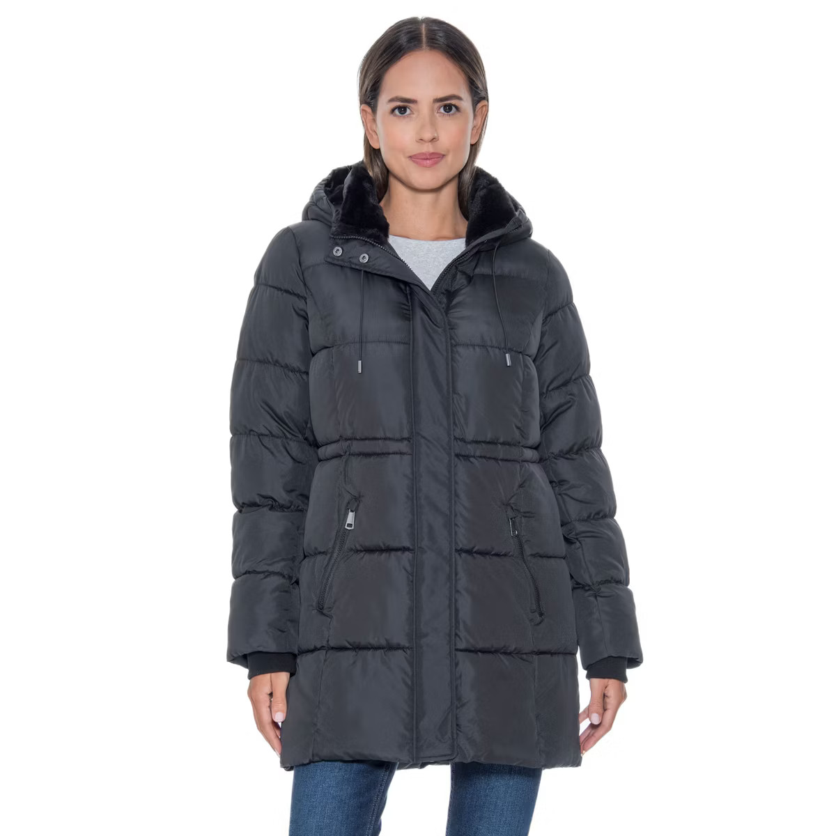 Women's 3/4 Puffer Coat with Cozy Faux Fur - S.E.B. By Sebby | Target