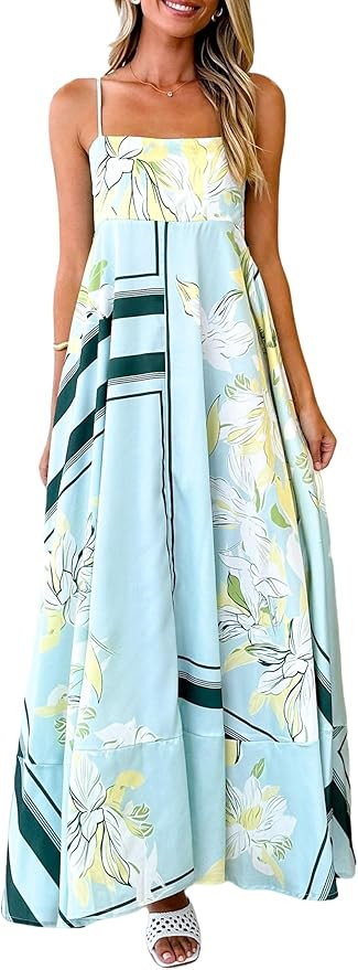 Women Boho Floral Maxi Dress Spaghetti Strap Smocked Back Flowy Dress Sleeveless Aline Long Sundr... | Amazon (US)