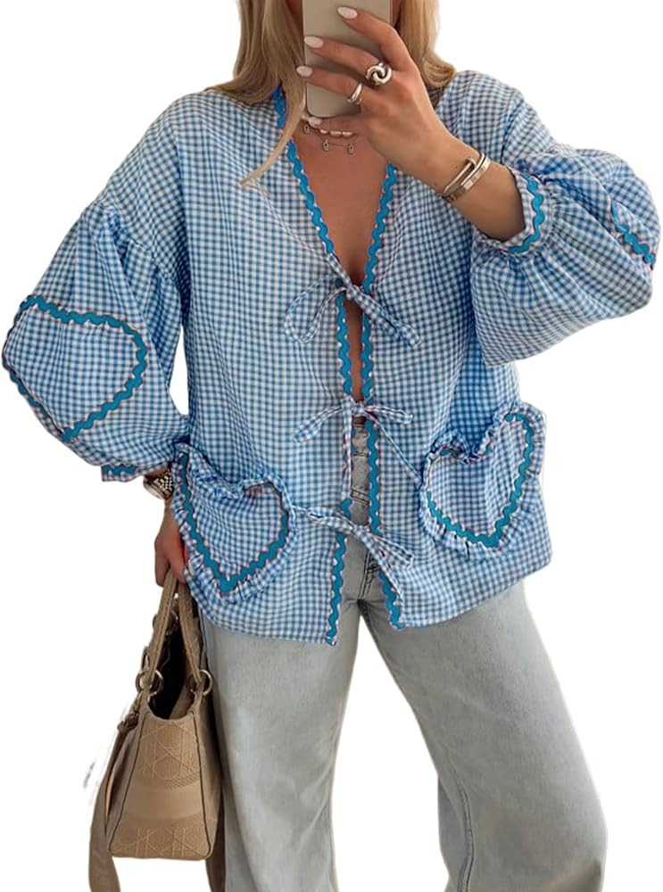 Gihuo Women's Y2k Tie Front Babydoll Tops Puff Long Sleeve Plaid V Neck Blouse Color Block Cute S... | Amazon (US)