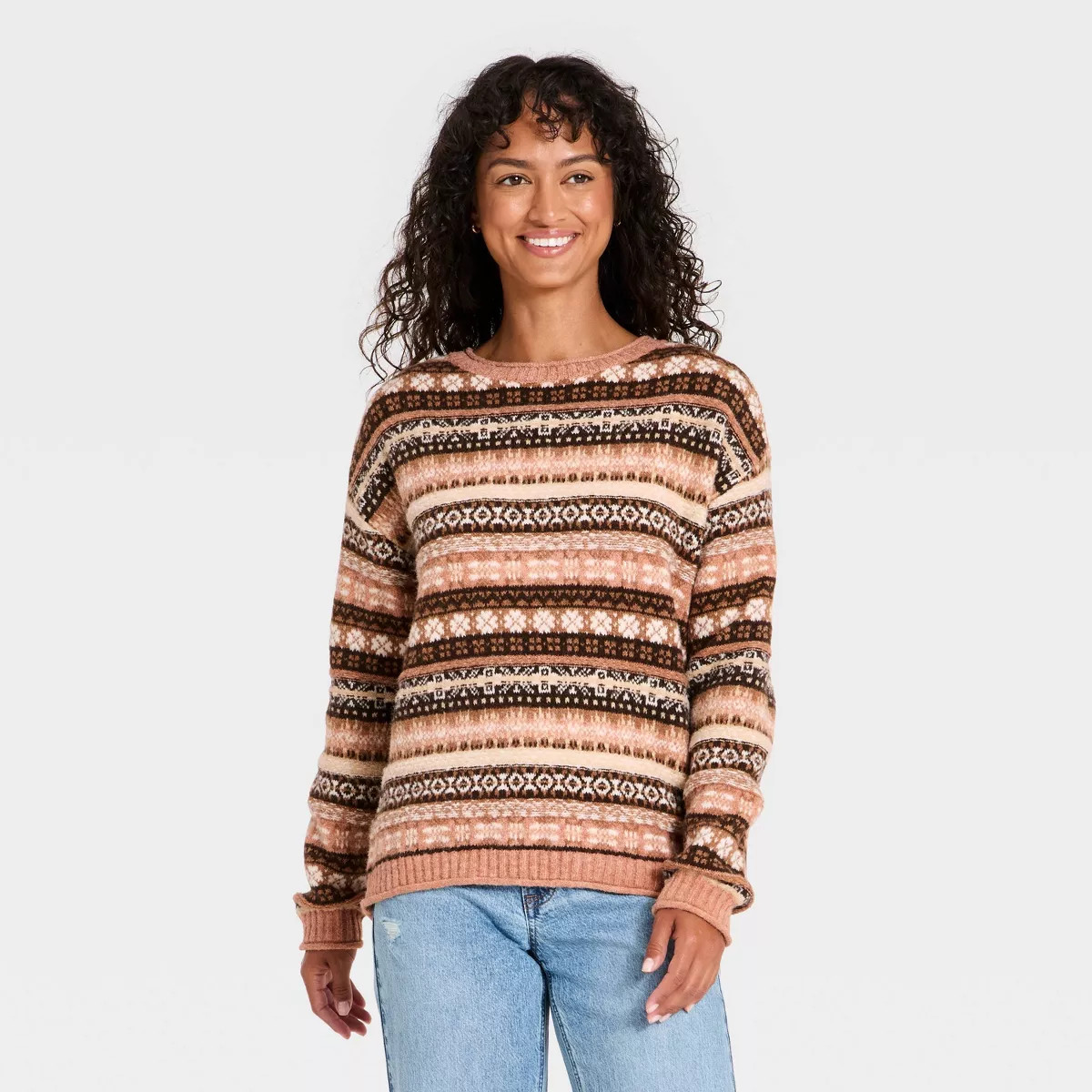Women's Fairisle Crewneck Pullover Sweater - Universal Thread\u2122 Brown XS | Target