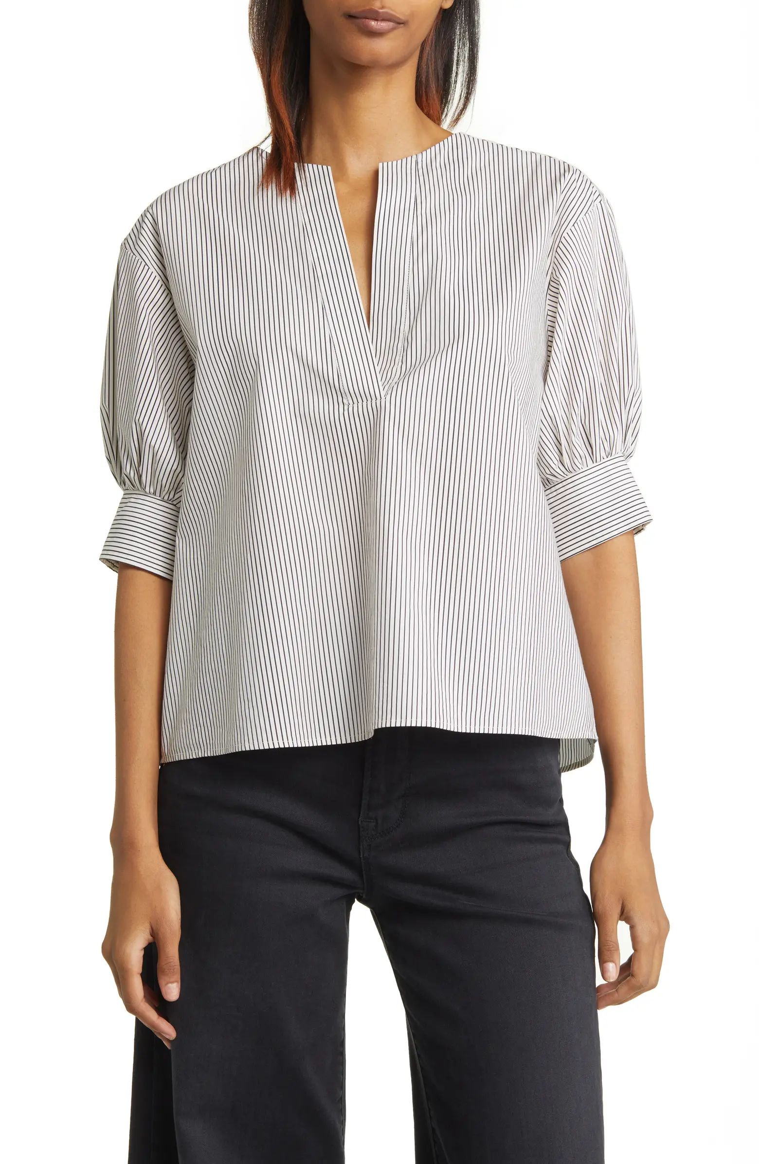 Stripe Split Neck Organic Cotton Popover Top | Nordstrom