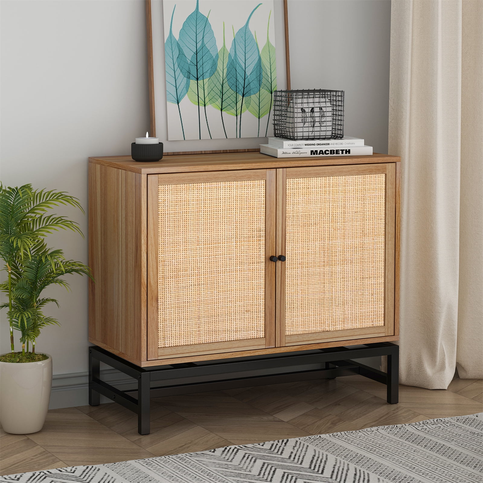 Sunix Sideboard Buffet Cabinet with Handmade Natural Rattan Doors, Console Table Storage Cabinet ... | Walmart (US)