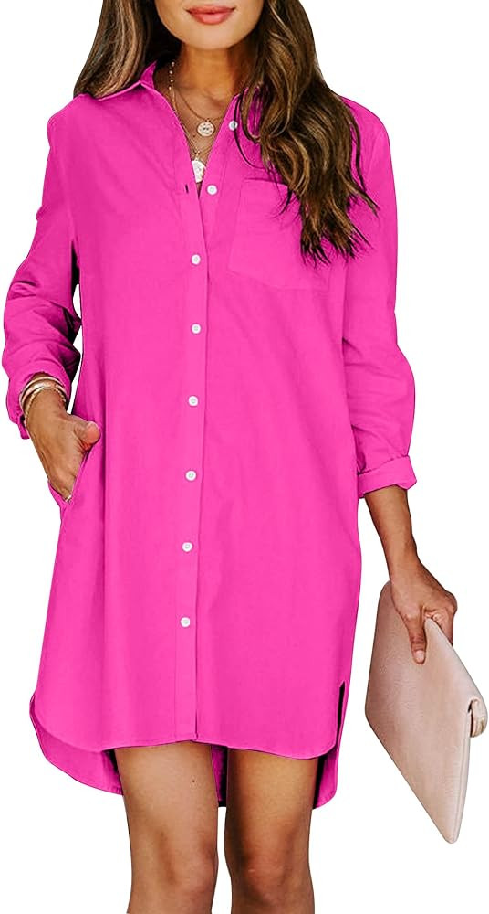 Aoudery Womens Button Down Shirt Dresses with Pockets Cotton Button Up Tunics Long Sleeve Solid H... | Amazon (US)