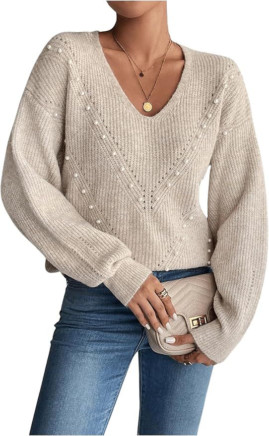 Women's Pearls Beaded Pullovers V Neck Drop Shoulder Loose Sweater Top | Amazon (US)