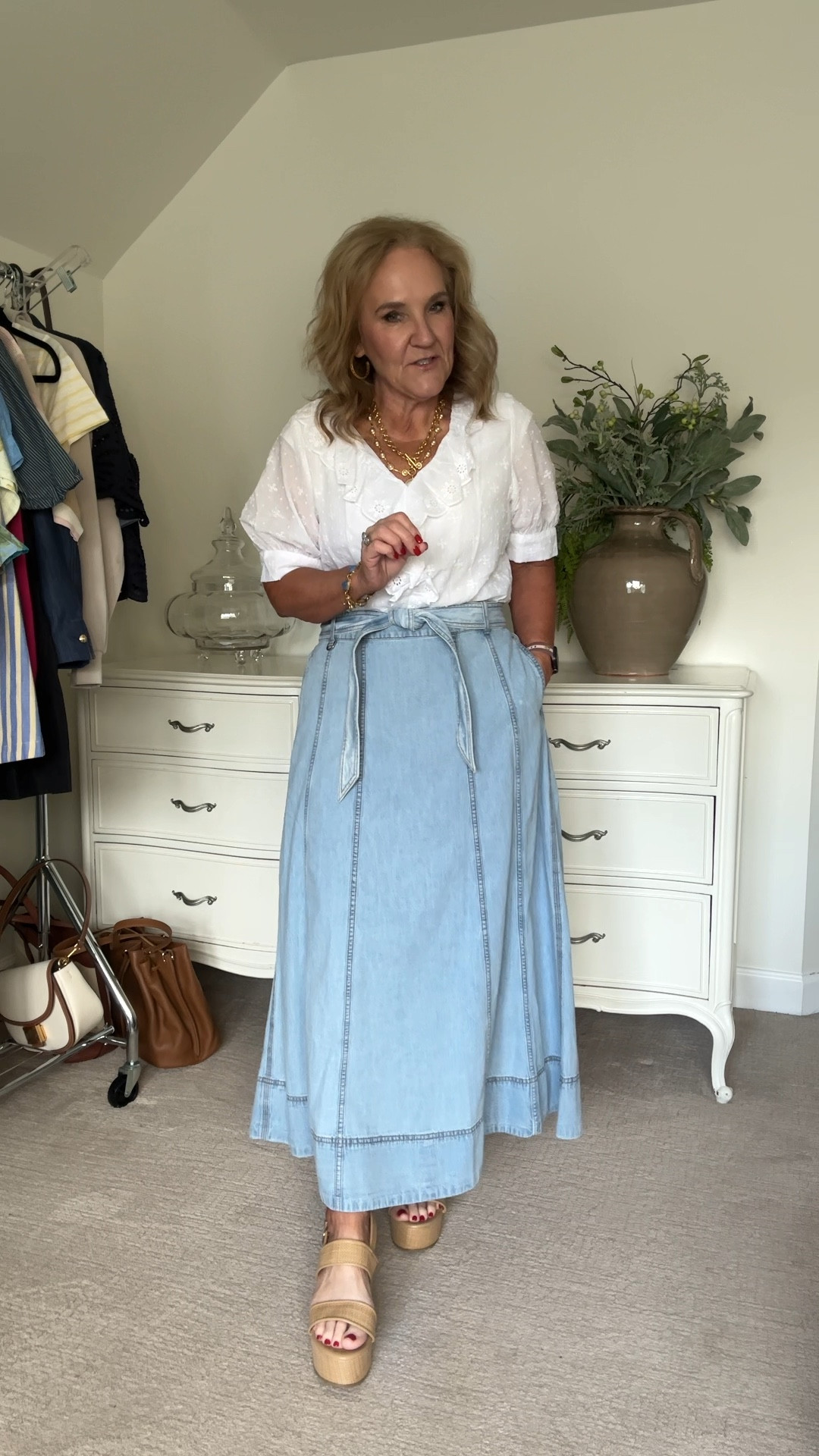 I’m wearing the medium petite skirt, but it has sold out. You may consider getting the regular length in a smaller size. Because it does have some extra room. I am 5 foot three this skirt reads so much more expensive than it is.
Blouse is a pretty dotted Swiss and eyelet trim. I’m wearing a size medium. You will need to watch your undergarments on this one. Either a nude bra or a modesty Cami.


#LTKOver40 #LTKSaleAlert #LTKFindsUnder50