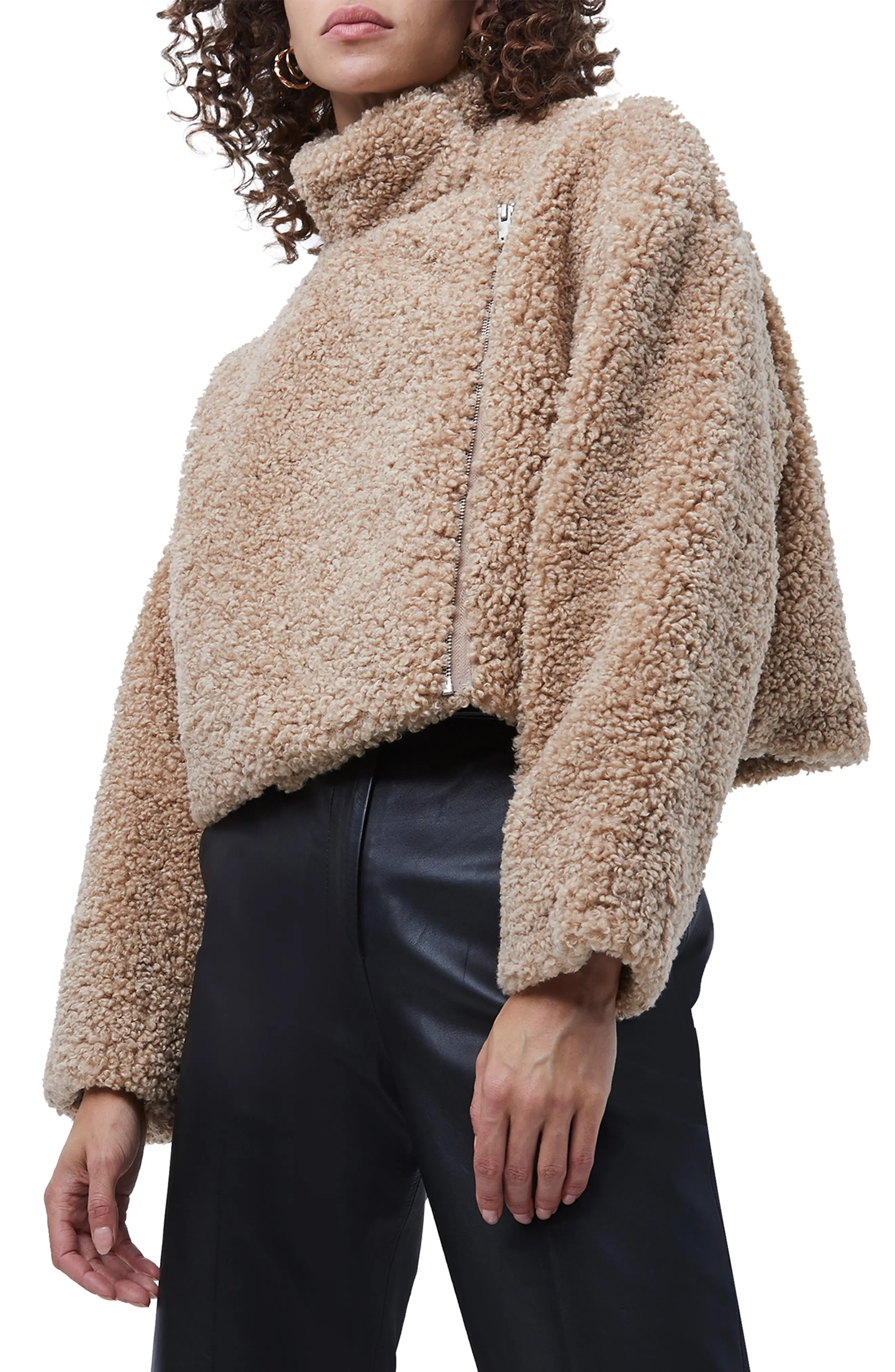 Women's French Connection Iren Faux Shearling Crop Jacket, Size Medium - Brown | Nordstrom