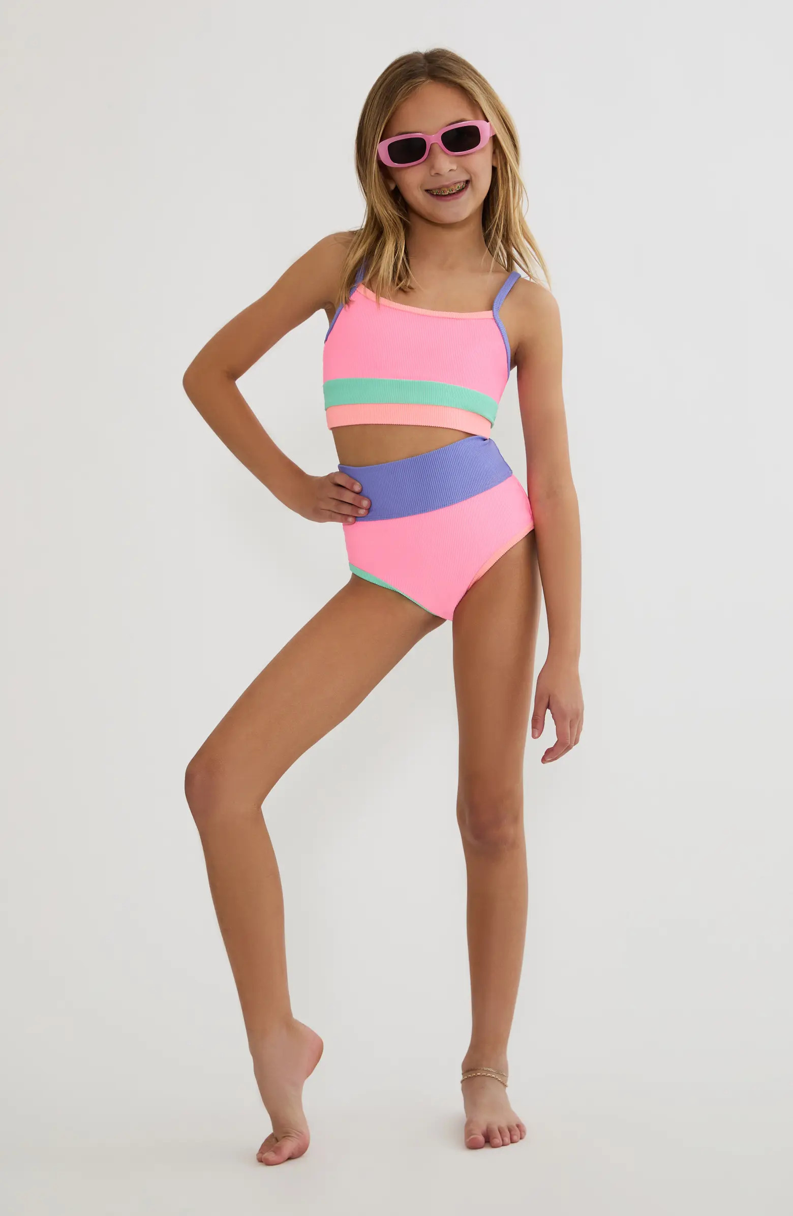 Kids' Little Eva Emmie Colorblock Ribbed Two-Piece Swimsuit | Nordstrom