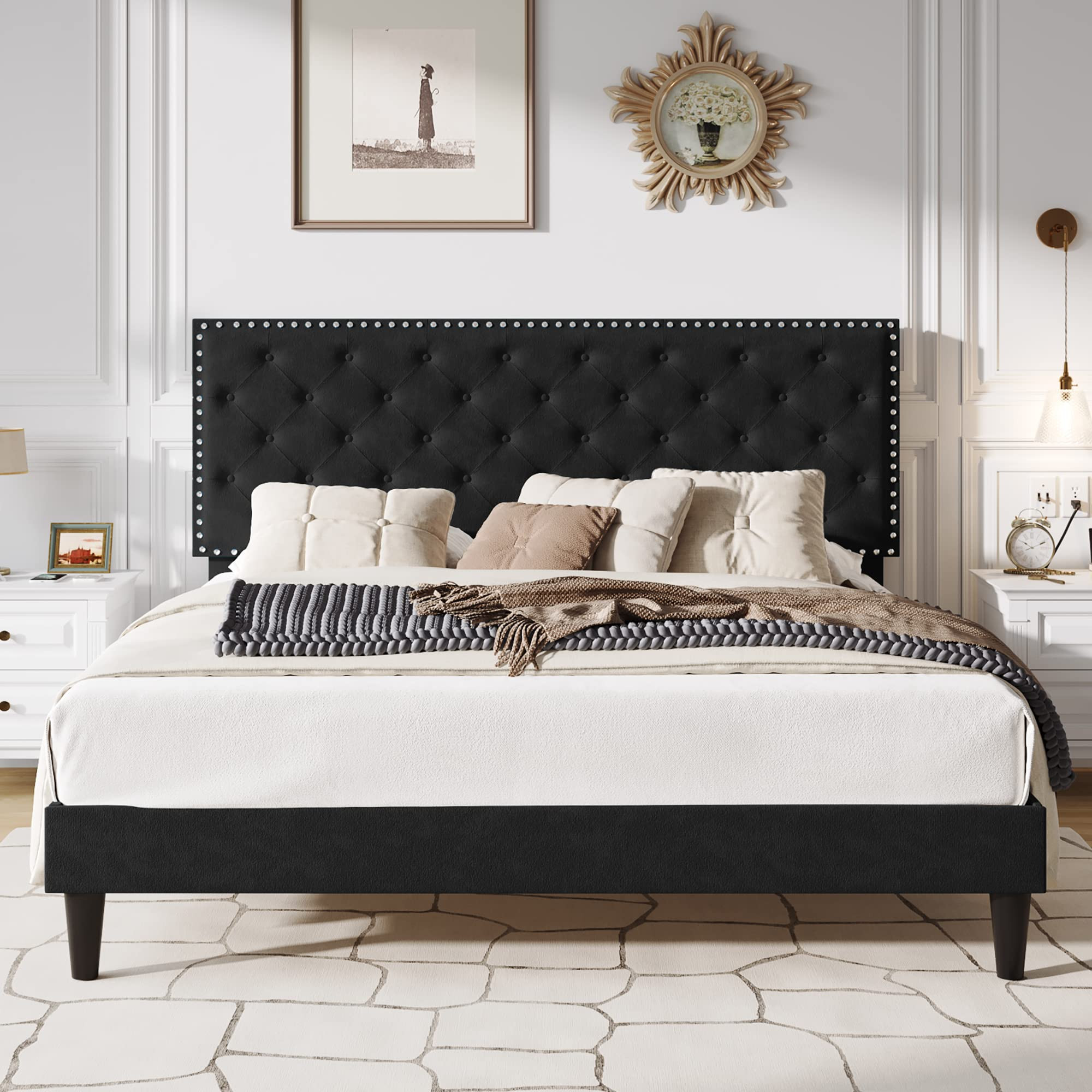 SHA CERLIN King Size Velvet Bed Frame with Adjustable Headboard, Diamond Button Tufted and Rivet Decor, No Box Spring Needed, Black | Amazon (US)