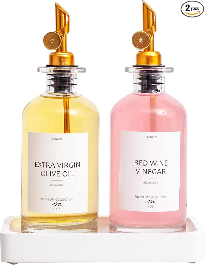 JANXIN Oil Dispenser Set,Olive Oil Dispenser Bottle for Kitchen w. Wood Tray, Labels and Weighted... | Amazon (US)