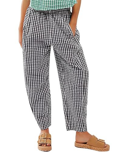 PEHMEA Women's Cotton Gingham Harem Pants, Plaid Casual Wide Leg Barrel Pant High Waisted Lounge Fall Trousers with Pockets(Black-S) | Amazon (US)