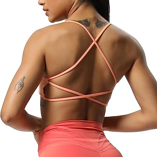 Aoxjox Women's Workout Sports Bras Fitness Backless Padded Ivy Low Impact Bra Yoga Crop Tank Top (Papaya, Large) | Amazon (US)