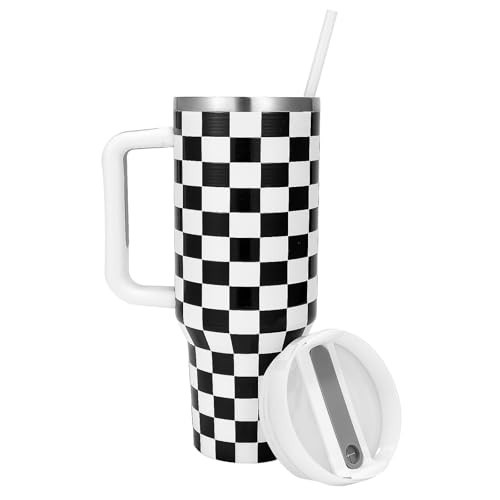 40OZ Black and White Checkered Tumbler with Handle, Checkered Gifts for Women Men Boy Girl, Vacuum Insulated Checkerboard Travel Mug for Checker Lovers, Stainless Steel Black White Checker Racing Cup | Amazon (US)