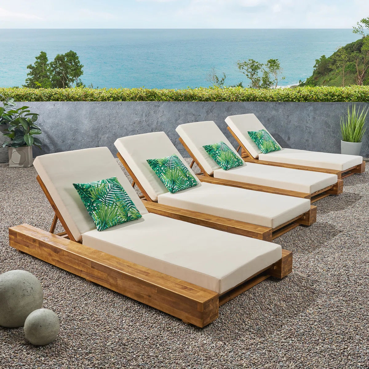 Lyor Acacia Wood Outdoor Chaise Lounge Set with Cushions & Adjustable Backrest (Set of 4) | Wayfair North America