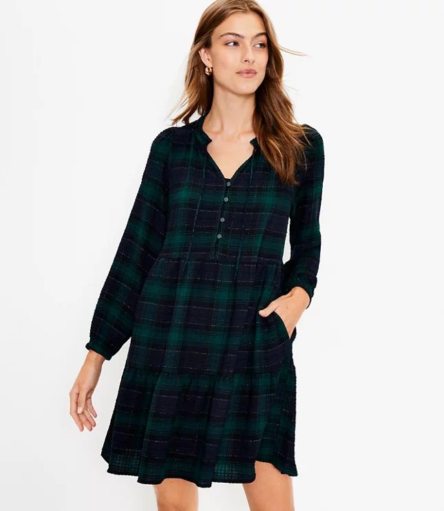 Shimmer Plaid Tiered Pocket Dress | LOFT