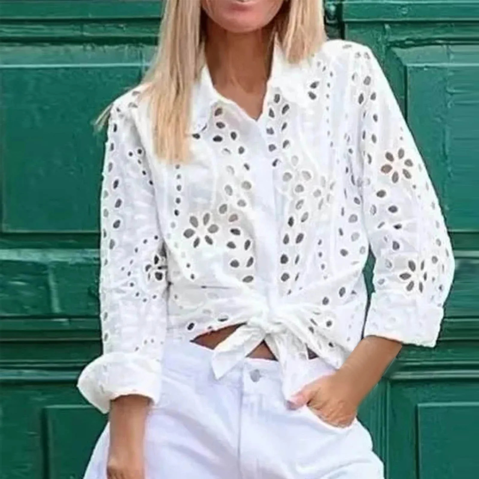 APEXFWDT Women’s Button Down Lace Shirts Casual Hollow Out Flower Long Sleeve Blouse Tops Elega... | Walmart (US)