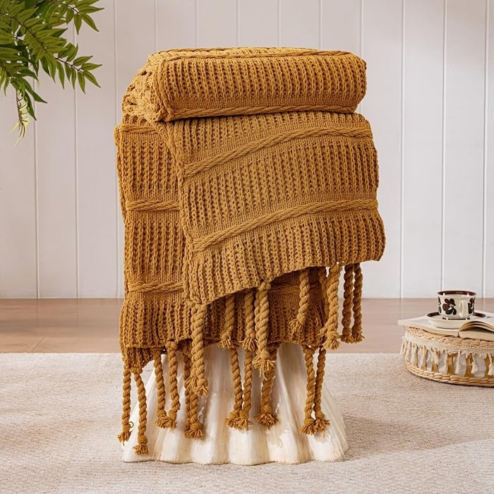 Boho Knitted Chenille Blanket with Tassels - Lightweight & Soft All-Season Throw - 3D Classic Pat... | Amazon (US)