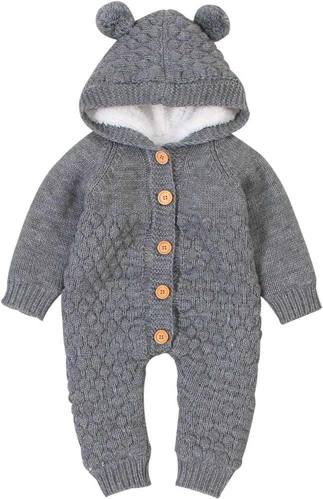 Hadetoto Baby Sweater Romper Warm Knit Hooded Jumpsuit Long Sleeve One Piece Outfits | Amazon (US)