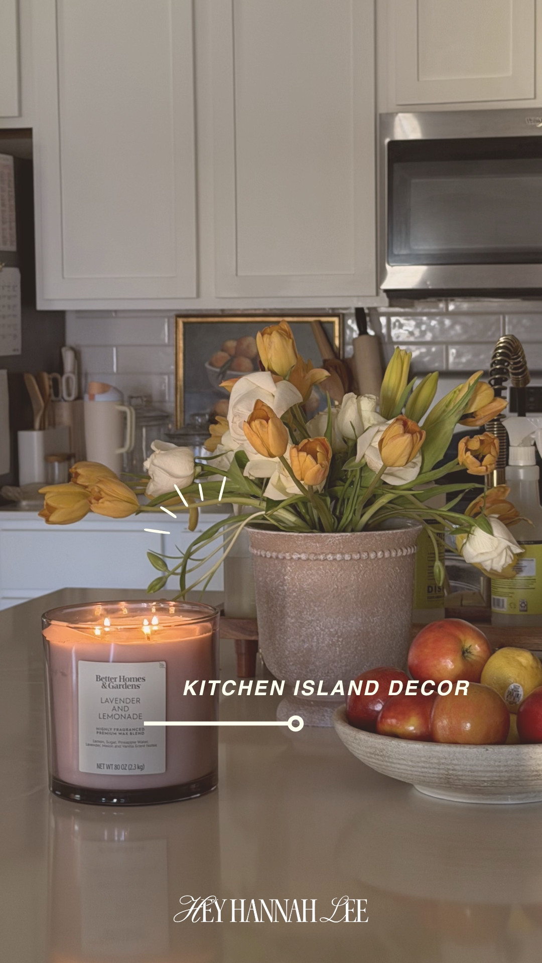 Kitchen Island Decor
🕯️ grabbed these tulips from the grocery store and this candle from walmart - easiest kitchen refresh!!  

 #LTKHome