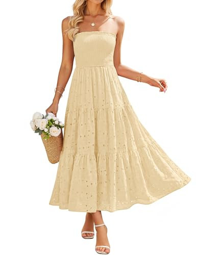 ZESICA Womens 2026 Summer Boho Strapless Midi Dresses Off Shoulder Smocked Eyelet Wedding Guest Beach Long Dress Pockets Beige X-Large | Amazon (US)