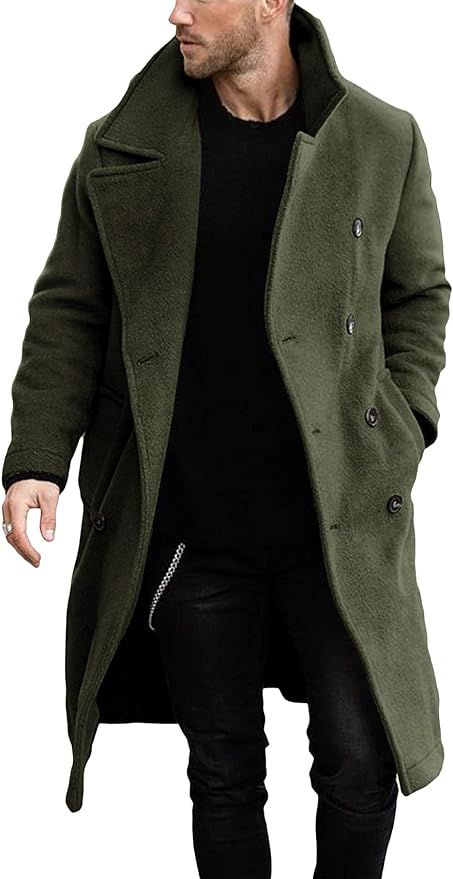 Mens Double Breasted Trench Coat Casual Lapel Collar Business Winter Long Overcoats | Amazon (US)