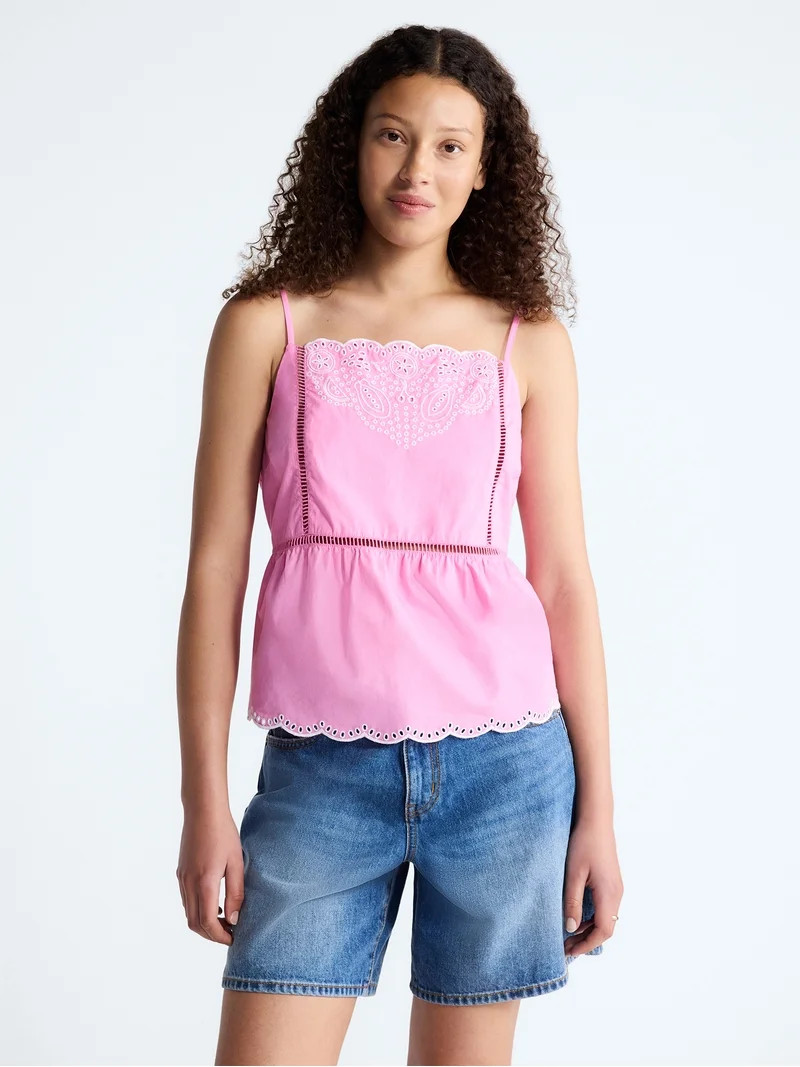 Free Assembly Women's Embroidered Cotton Tank Top with Peplum Hem, Sizes XS-XXL | Walmart (US)
