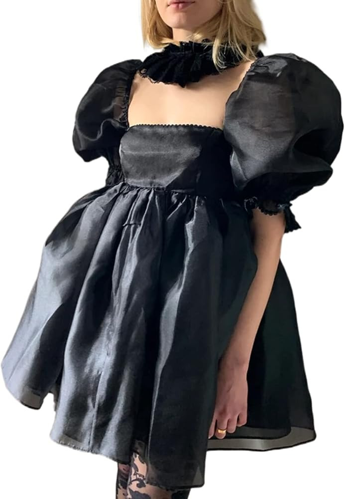 Womens Puff Sleeve Tulle Princess Dress Romantic Off Shoulder Flounce Square Collar Short Sleeve ... | Amazon (US)
