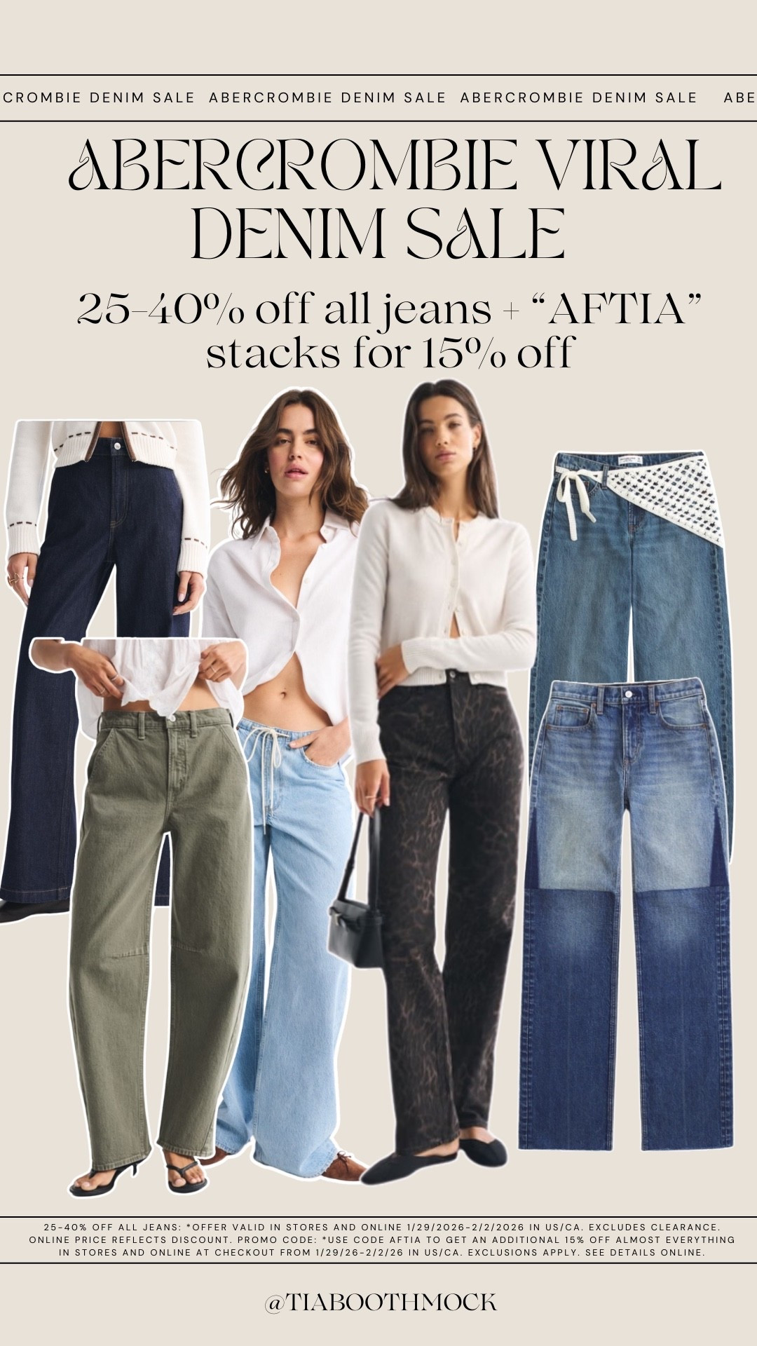 @Abercrombie’s viral denim sale is back and it’s so good this time 👖Linked a roundup of their coolest new styles and all the non-basic jeans that stand out!

25–40% off all jeans + my code AFTIA stacks for an extra 15% off at checkout! #AbercrombiePartner 

*Offer valid in stores and online 1/29/2026-2/2/2026 in US/CA. Excludes clearance. Online price reflects discount.



#LTKSaleAlert