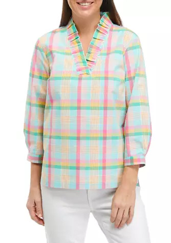 Women's Plaid Ruffled V-Neck Top | Belk