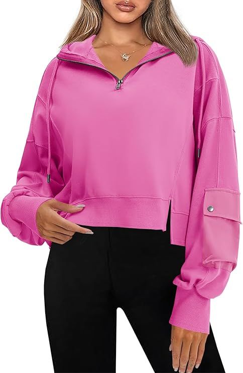 Fisoew Women's Cropped Hoodies Half Zip Long Sleeve Pocketed Loose Fit Hooded Sweatshirts Pullove... | Amazon (US)