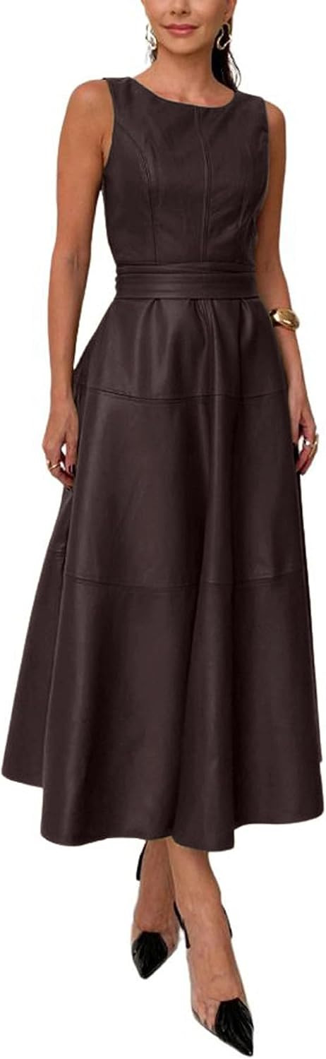 CHARTOU Women PU Faux Leather Sleeveless Elegant Flowy Long Dress Party Night Out Dress with Belt | Amazon (US)