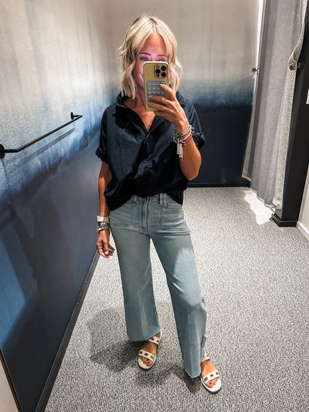 Paige jeans- in my smaller size 24
Very soft, stretchy, light weight summery denim
Navy blue button down in xs- runs a tad oversized 
Sandals
Summer outfit 

#LTKStyleTip #LTKShoeCrush #LTKOver40