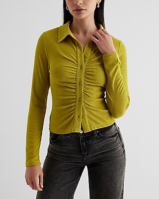 Ruched Long Sleeve Button Up Polo Top | Express