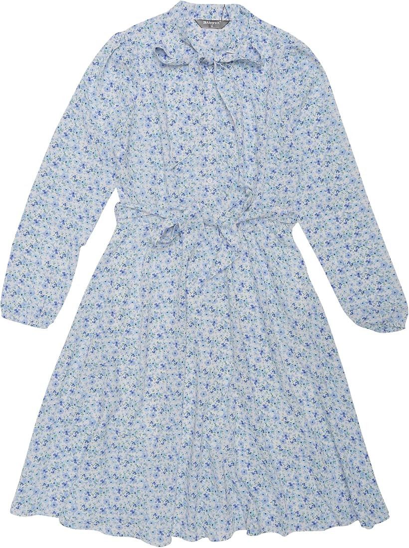 Allegra K Women's Tie Neck Chiffon Long Sleeves Vintage Belted Floral Dress | Amazon (US)