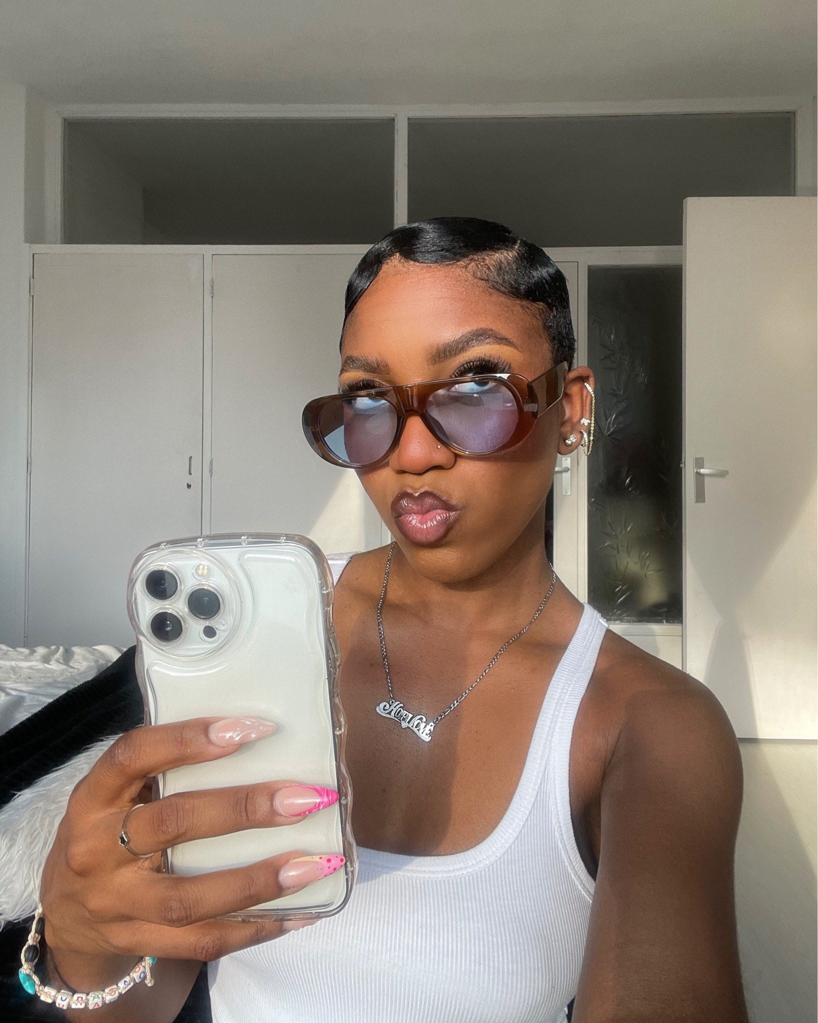 new hair, who this? xoxo

clear phone case. iphone case. white basic top. white tank top. brown sunglasses. brown and blue sunglasses. shein sunglasses. shein tops. silver accessories. silver necklace. trendy sunglasses. summer sunglassess

#LTKeurope #LTKbeauty #LTKstyletip