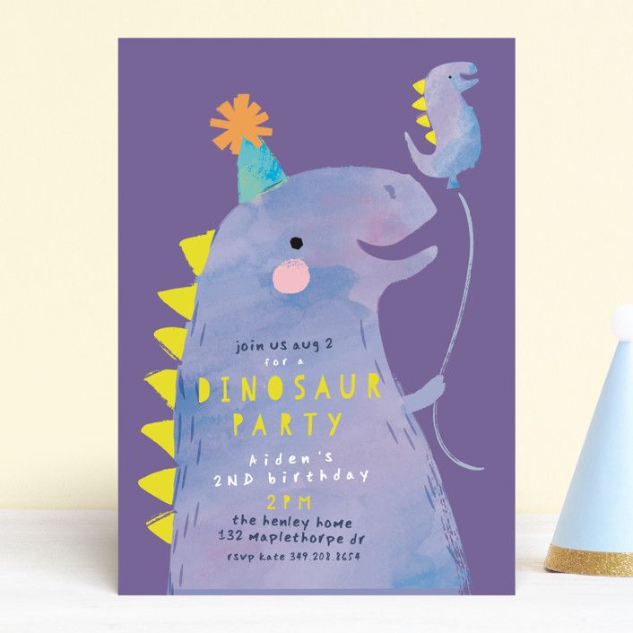 "Dinosaur Balloon" - Customizable Children's Birthday Party Invitations in Blue or Green by Lori ... | Minted
