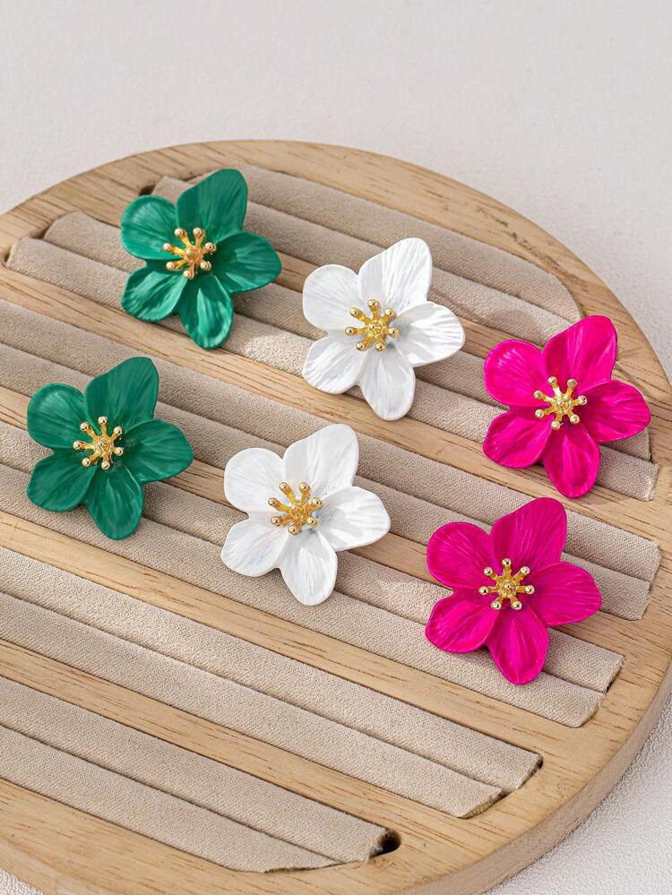 New3 Pairs Colorful Dopamine Paint Flower Stud Earrings For Women, Suitable For Summer Vacation | SHEIN