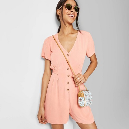 Women's Short Sleeve V-Neck Button-Front Romper - Wild Fable™ Coral | Target