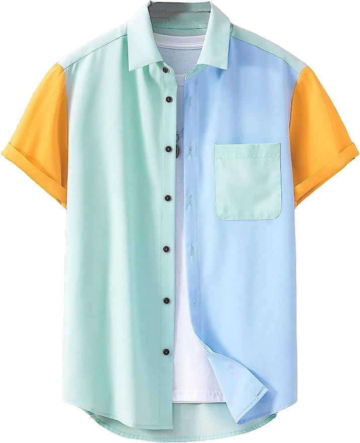 WDIRARA Men's Colorblock Button Down Short Sleeve Pocket Front Shirt Tops | Amazon (US)
