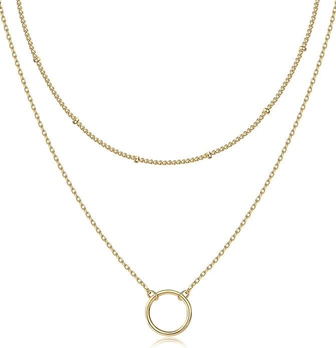 PAVOI 14K Gold Plated Ring Pendant Layering Necklace for Women | Dainty Circle Charm Beaded Choke... | Amazon (US)