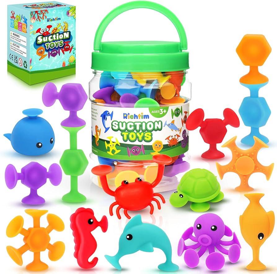Suction Bath Toys for Kids - 24 Silicone Ocean Animals Suction Toys with Storage, Sensory Window ... | Amazon (US)