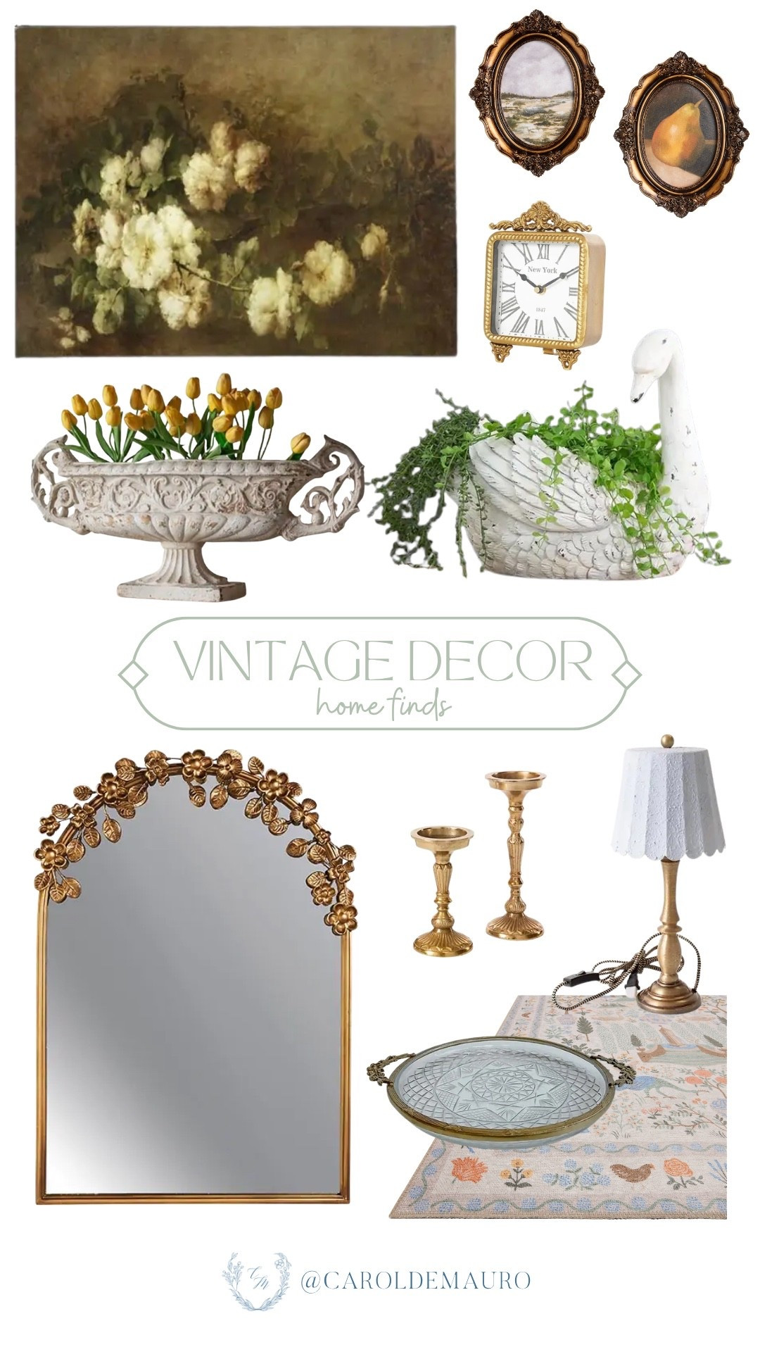 Transform your space with these charming vintage home finds like this ornate floral mirror, a swan planter, and elegant gold candle holders! Complete the look with timeless touches like the vintage-style clock, scalloped lamp, and classical art pieces for the perfect cozy aesthetic.

living room decor, home makeover, spring refresh, decor tips, entryway finds, wall decor, shelf styling ideas, vintage vibes

#LTKSeasonal #LTKU #LTKHome