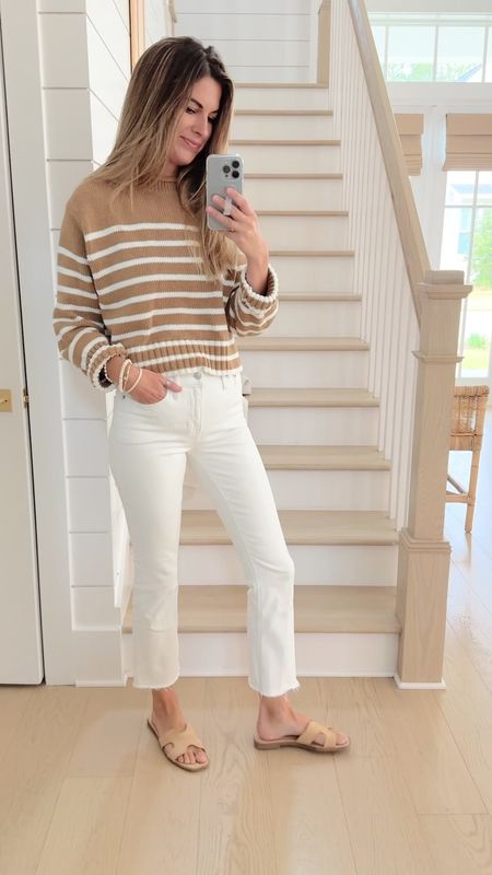 Outfit on sale! Small sweater (an extra 30% off the sale price). 26 long white jeans fit true to size.  Sandals true to size.  

#LTKFindsUnder50 #LTKSaleAlert #LTKOver40