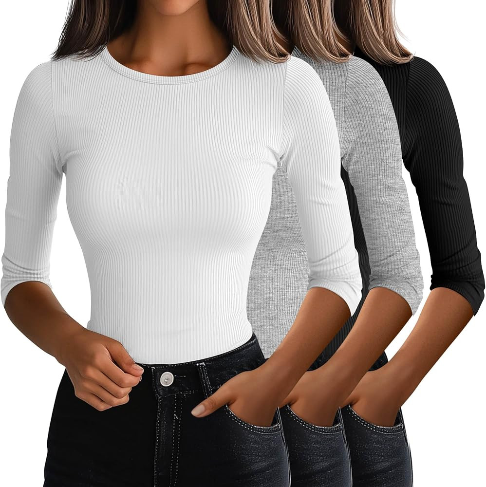 Ficerd 3 Pack 3/4 Sleeve Tops for Women, Cotton Knit Ribbed T Shirts Basic Slim Fit Stretch Tees ... | Amazon (US)