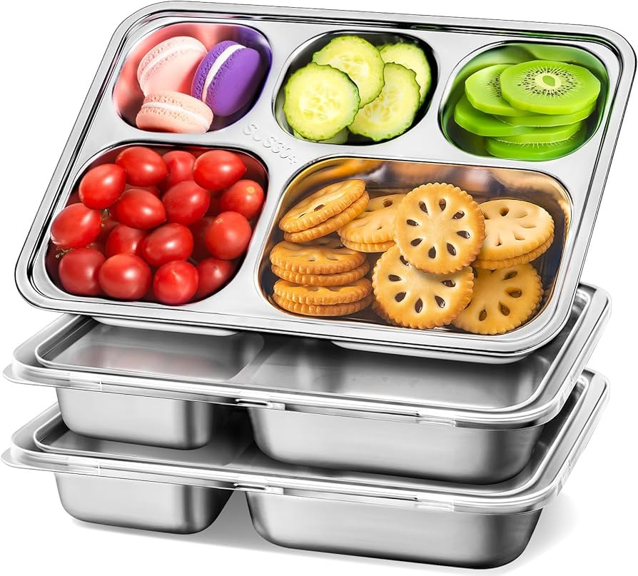 Stainless Steel Snack Containers with Plastic Lids - 3 Pack - 5 Compartments Bento Snack Boxes - ... | Amazon (US)