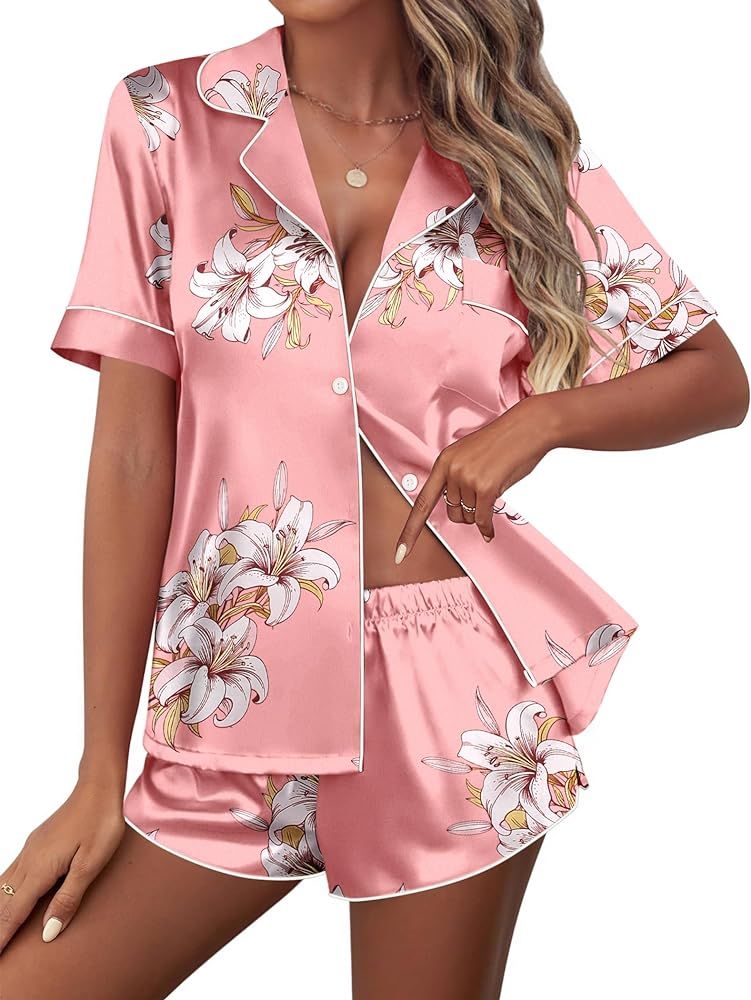 Ekouaer Womens Silk Satin Pajamas Set 2 Piece Sleepwear Short Sleeve Button Down Shirt Shorts Set | Amazon (US)