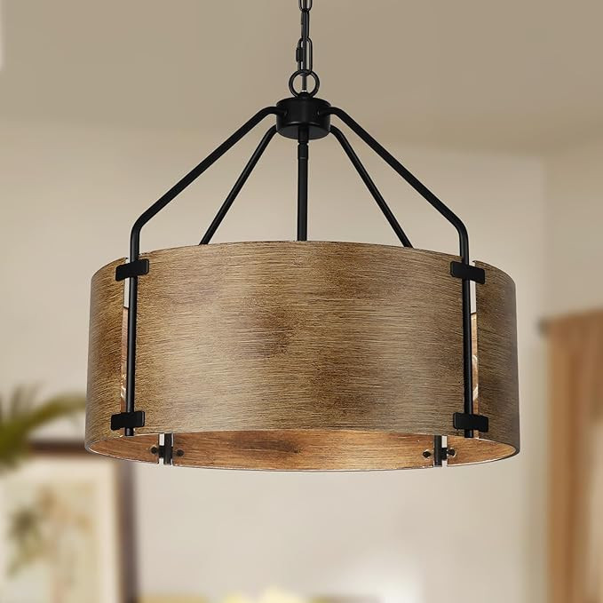 4-Light Farmhouse Drum Chandelier, Rustic Industrial Round Metal Hanging Light Fixture for Dining... | Amazon (US)