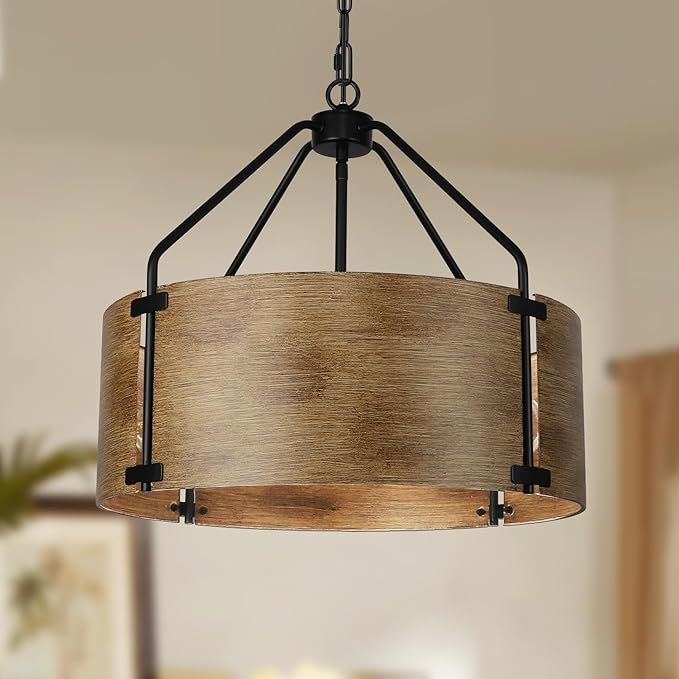 4-Light Farmhouse Drum Chandelier, Rustic Industrial Round Metal Hanging Light Fixture for Dining... | Amazon (US)