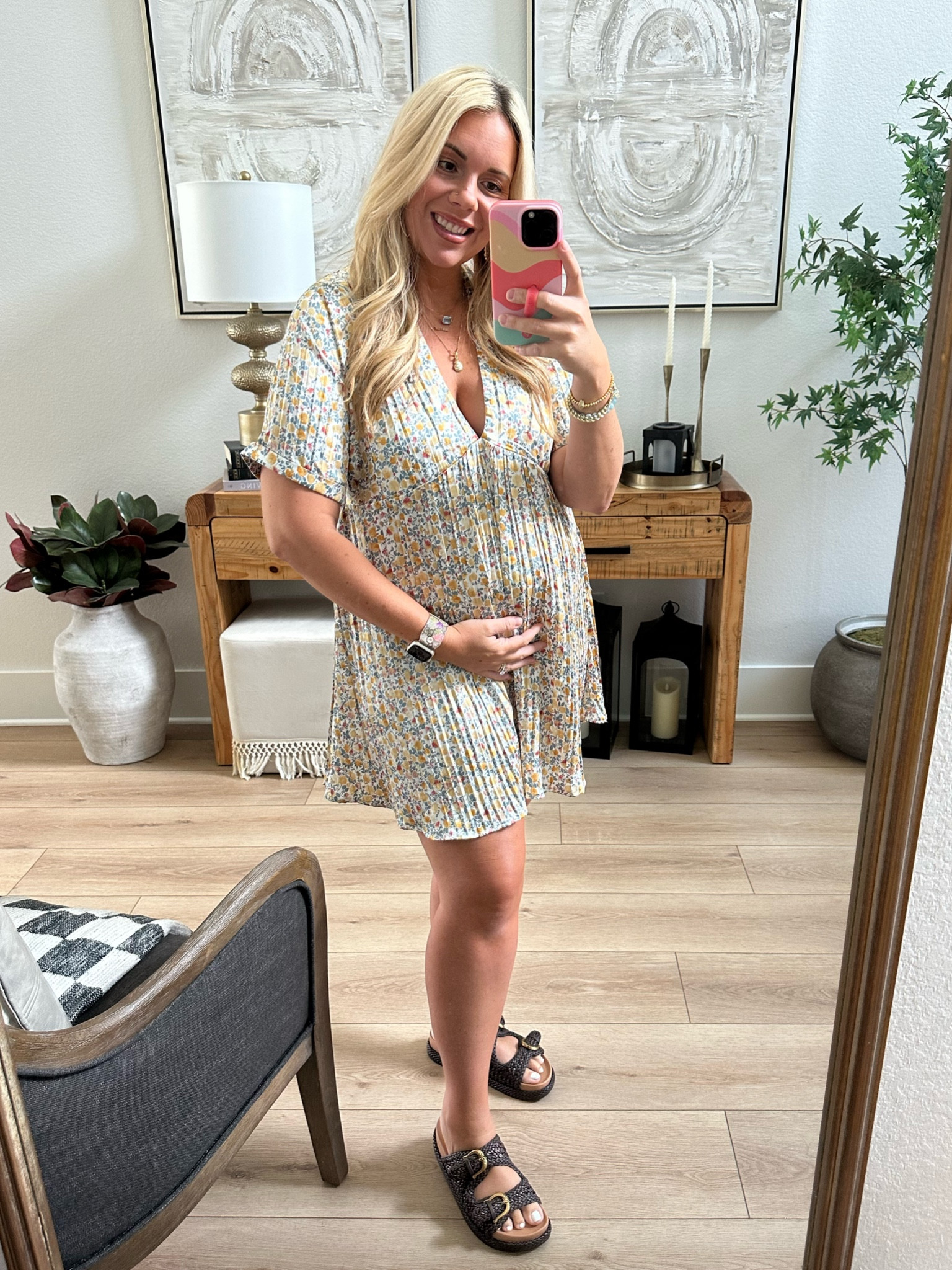 Lulu’s dress 👗 in an xl for the bump! It’s TTS but if you are taller, size up for length. Babydoll dress, floral dress, baby shower dress, summer dress. @lulus #lulus #maternity 

#LTKBump #LTKMidsize